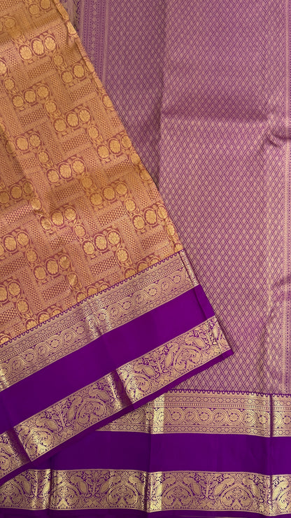 Vintage Wash Pure Kanchipuram Silk Saree – Gold with Royal Purple Contrast | Silk Mark Certified