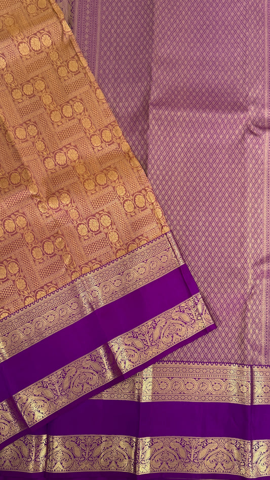 Vintage Wash Pure Kanchipuram Silk Saree – Gold with Royal Purple Contrast | Silk Mark Certified