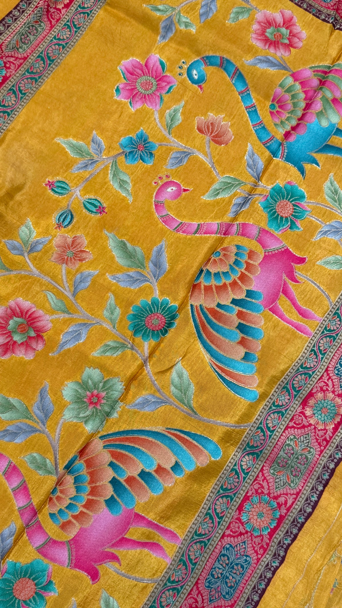 Kashmiri Pashmina Kani Silk Saree – Yellow with Red Brocade Contrast Blouse