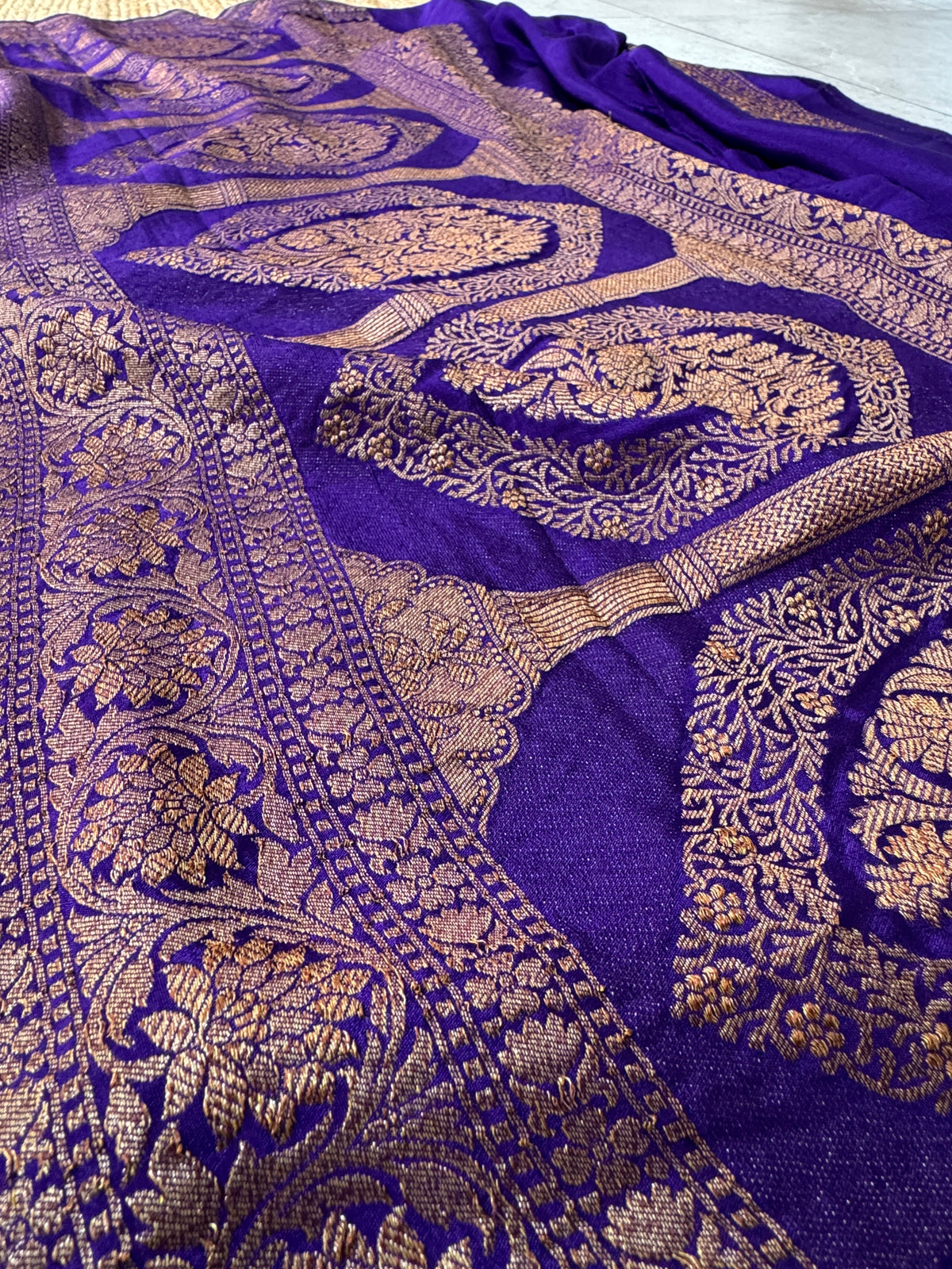 Royal Purple Pure Khaddi Georgette Banarasi Silk Saree with All-Over Gold Zari Jaal |Silk Mark Certified
