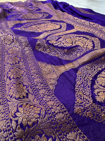 Royal Purple Pure Khaddi Georgette Banarasi Silk Saree with All-Over Gold Zari Jaal |Silk Mark Certified