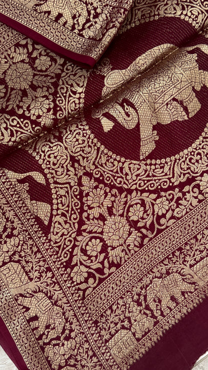 Pure Modal Based Saree with Ajrakh Prints & Banarasi Elephant Zari Border – Deep Maroon