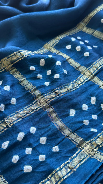 Tie & Dye Handknotted Gharchola Bandhej Pure Gajji Silk Saree - Peacock Blue