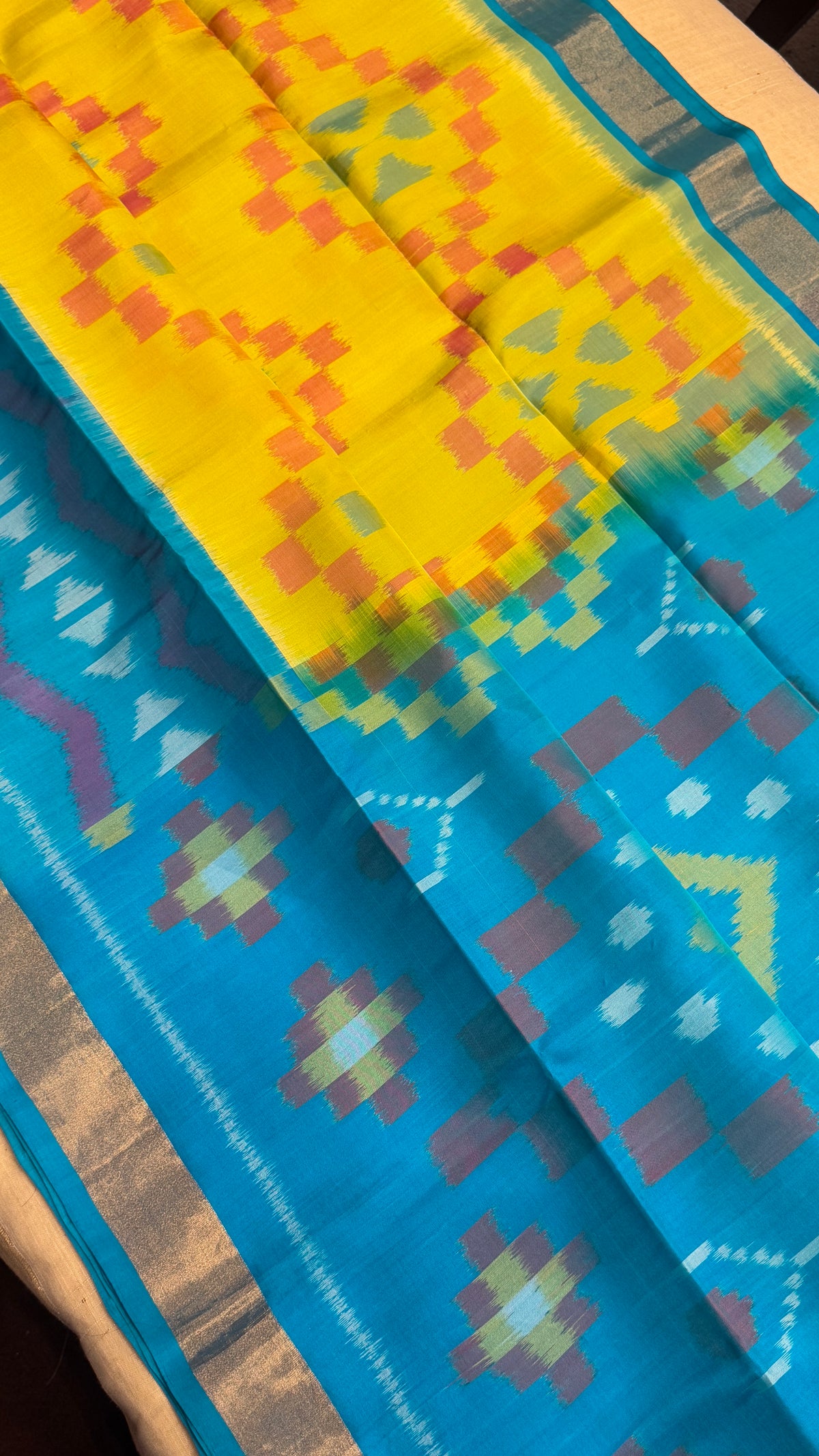 Pure Ikkat Soft Silk saree - Yellow & Turquoise Blue|Silk Mark Certified