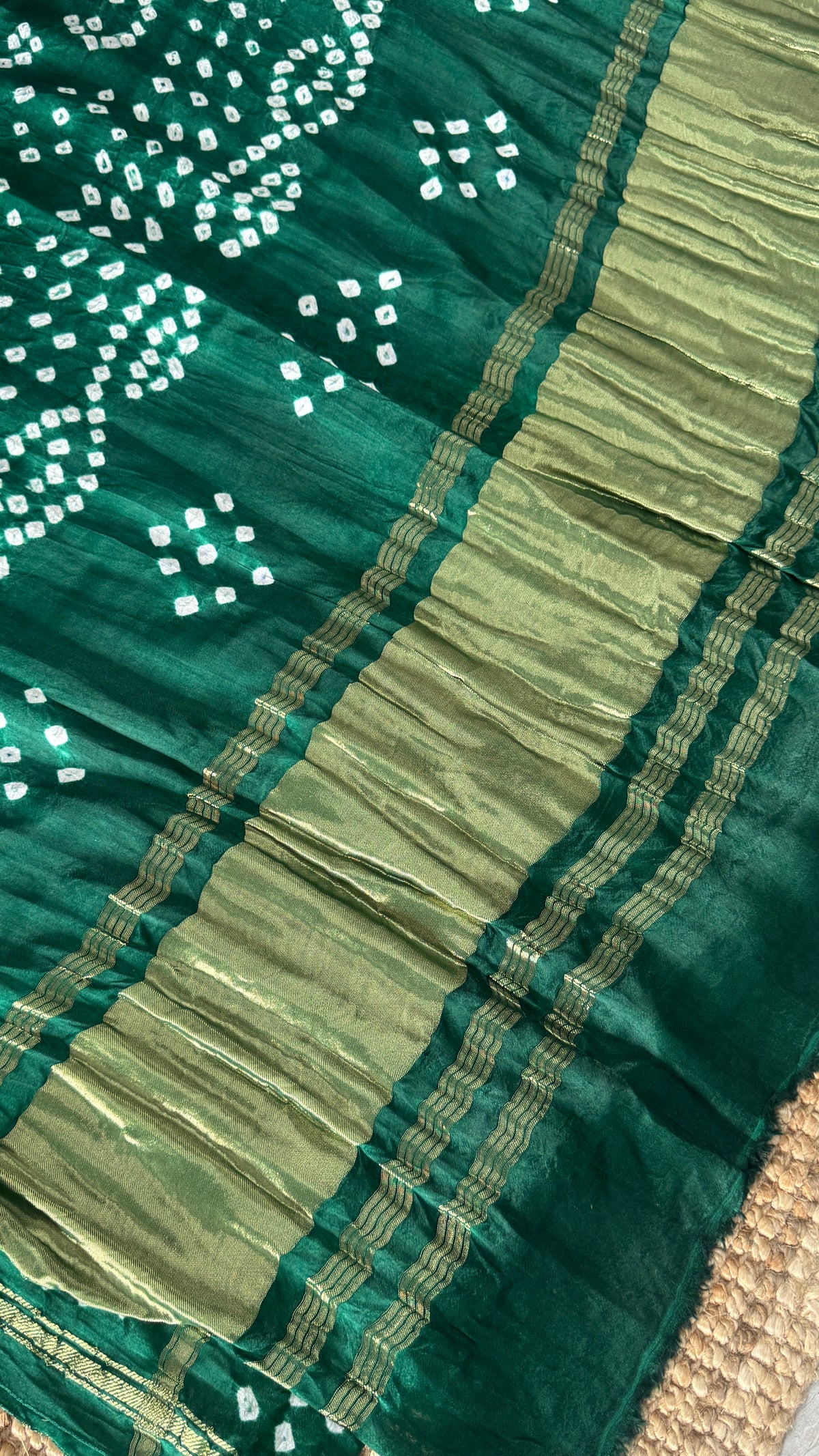 Tie & Dye Handknotted Gharchola Bandhej Pure Gajji Silk Saree - Bottle Green