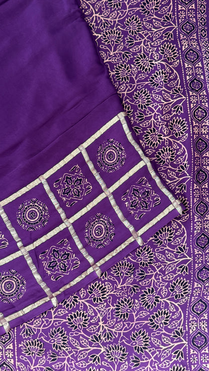 Pure Modal Silk Saree with Bandhej | Ajrakh Pallu & Blouse – Dusty Purple