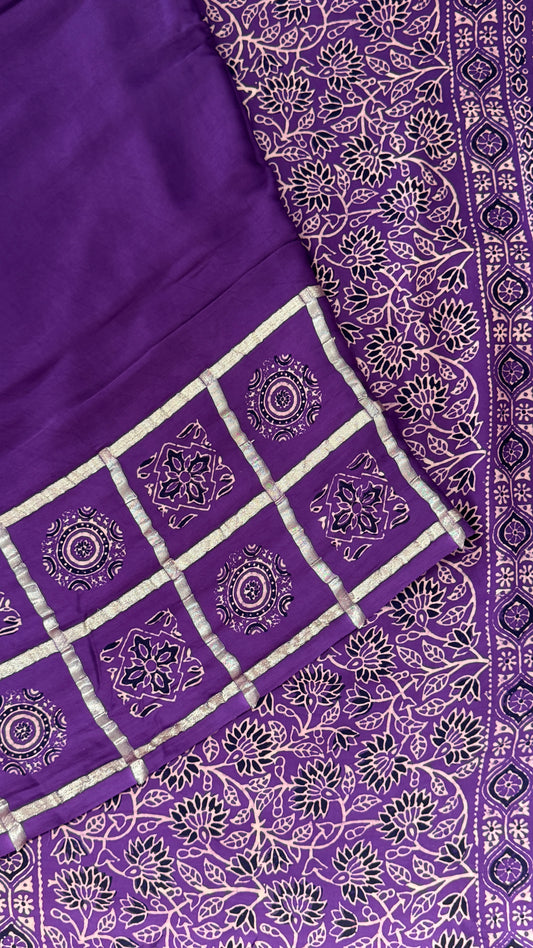 Pure Modal Silk Saree with Bandhej | Ajrakh Pallu & Blouse – Dusty Purple