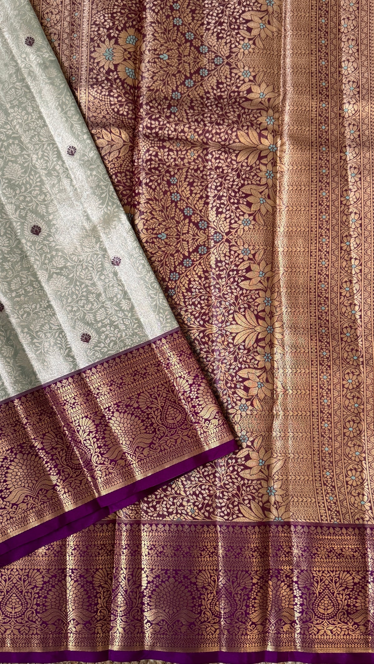 Semi Silk Mini Kanchivaram Tissue Saree – Light Mint Green & Magenta