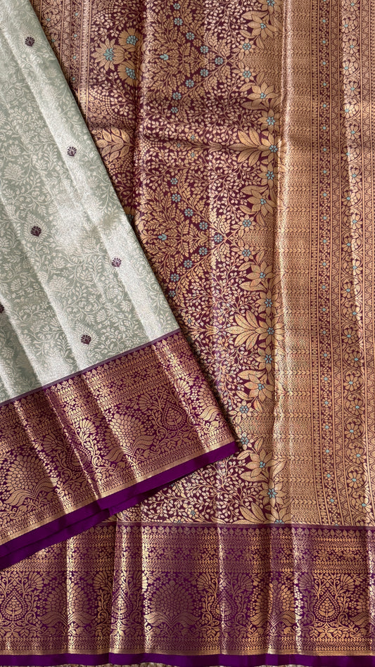 Semi Silk Mini Kanchivaram Tissue Saree – Light Mint Green & Magenta