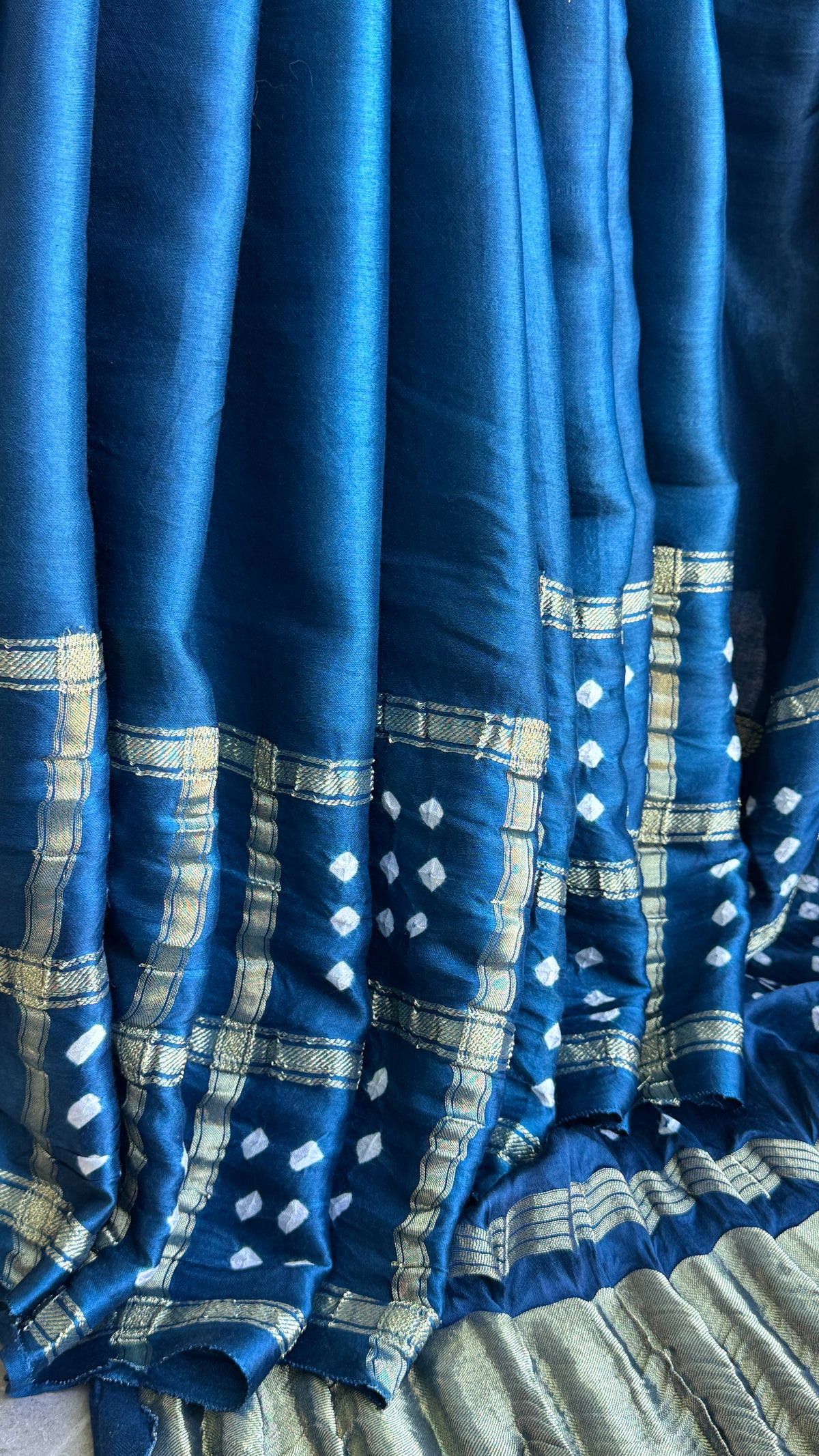 Tie & Dye Handknotted Gharchola Bandhej Pure Gajji Silk Saree - Peacock Blue