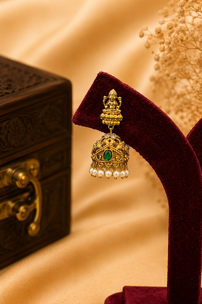 Antique Gold-Plated Temple Layered Haaram Set with Emerald Detailing