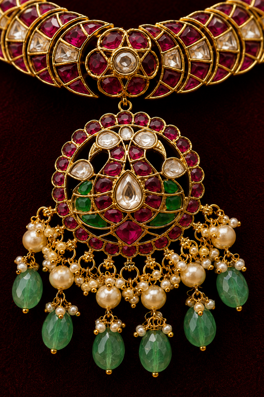 Pure Jadau Statement Choker Necklace Set with Mint Green Stone Drops