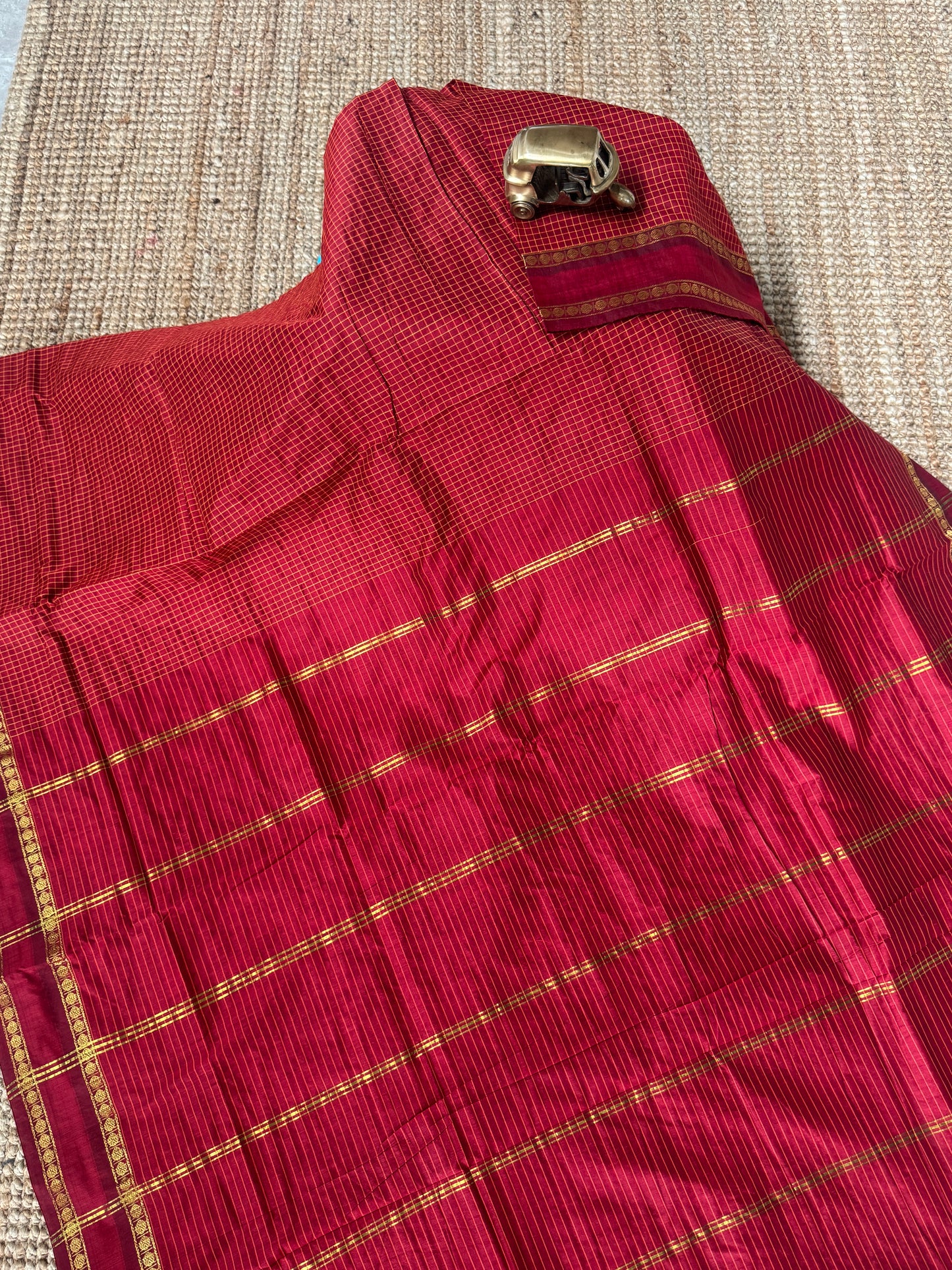 Pure Hand-Woven Checkered Cotton Silk Saree with Gap Border-Red