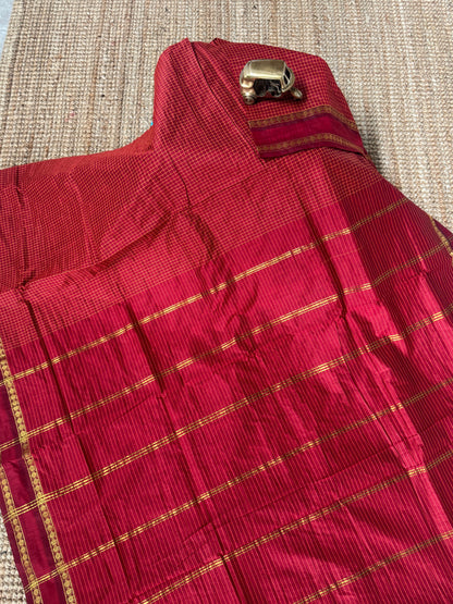Pure Hand-Woven Checkered Cotton Silk Saree with Gap Border-Red