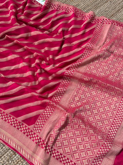 Pure Georgette Leheriya Saree – Dark Crossandra Pink with Gold Zari Weaving