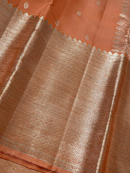 Dark Peach Pure Kanchipuram Silk Saree with Silver Zari Motifs Silk Mark Certified