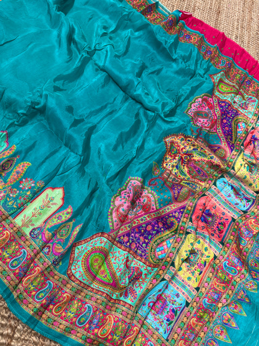 Kashmiri Pashmina Kani Silk Saree – Teal Blue