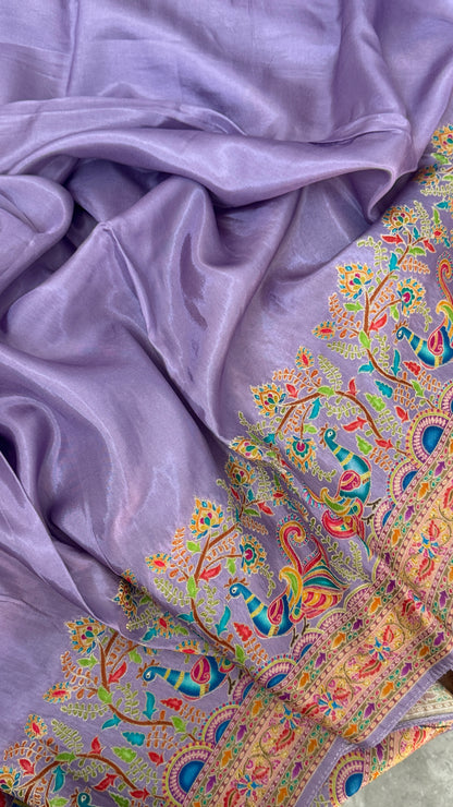 Kashmiri Pashmina Kani Silk Saree – Pastel Lavender with Peach Contrast Blouse