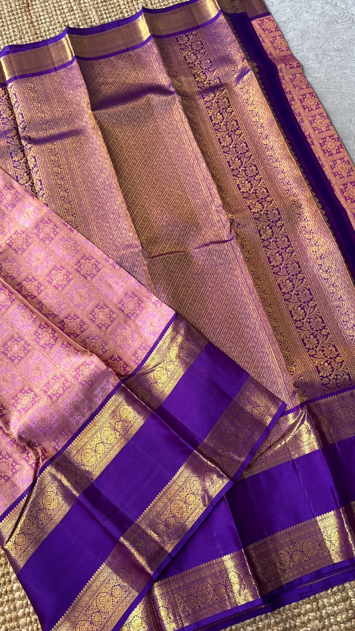 Vintage Wash Pure Kanchipuram Silk Saree – Pink with Royal Purple Contrast | Silk Mark Certified