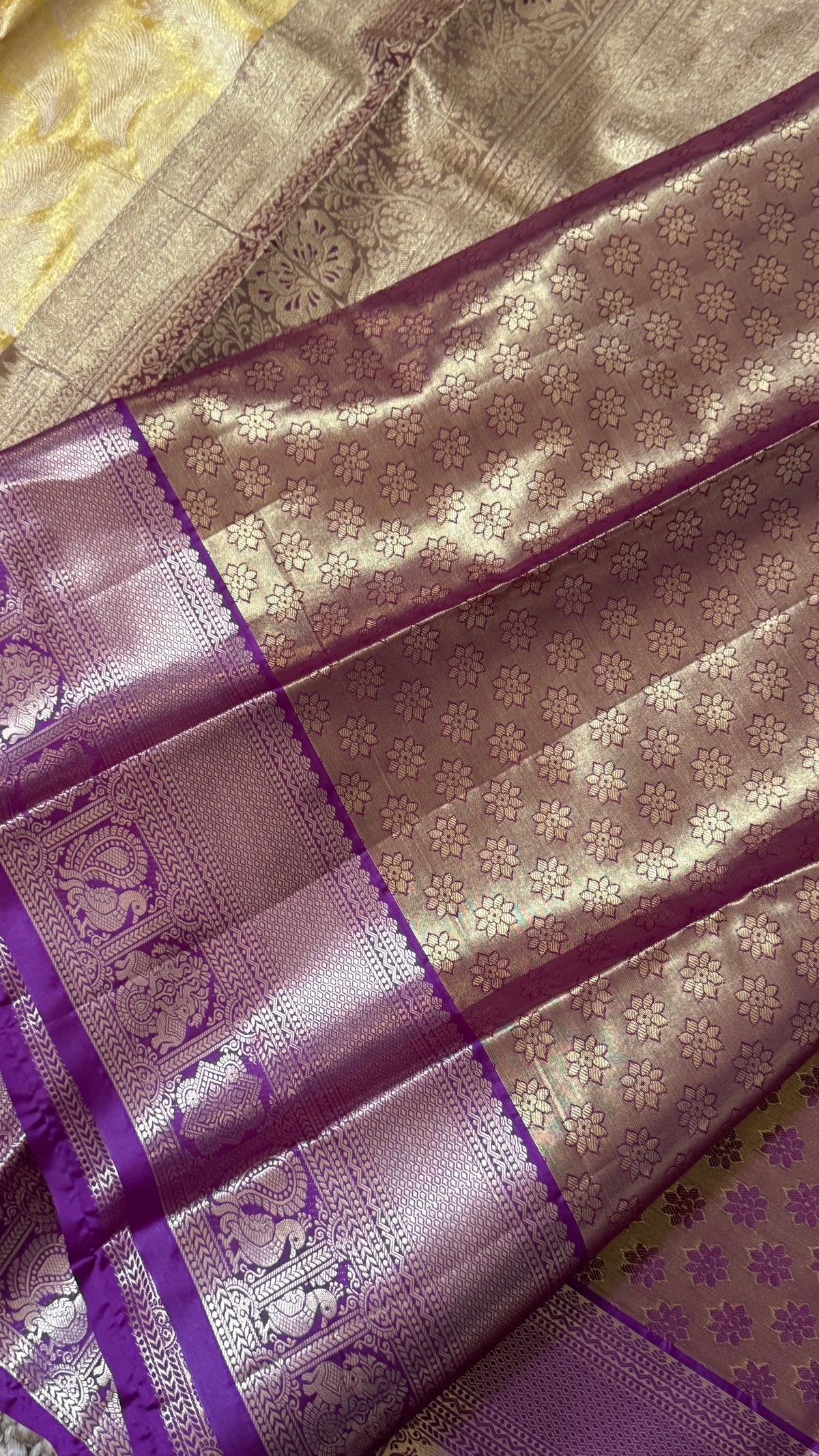 Semi Silk Mini Kanchivaram Tissue Saree – Light Golden Yellow & Magenta