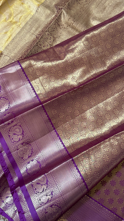 Semi Silk Mini Kanchivaram Tissue Saree – Light Golden Yellow & Magenta