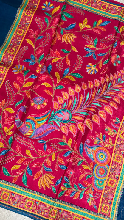 Kashmiri Pashmina Kani Silk Saree – Peacock Blue with Pink Contrast Blouse