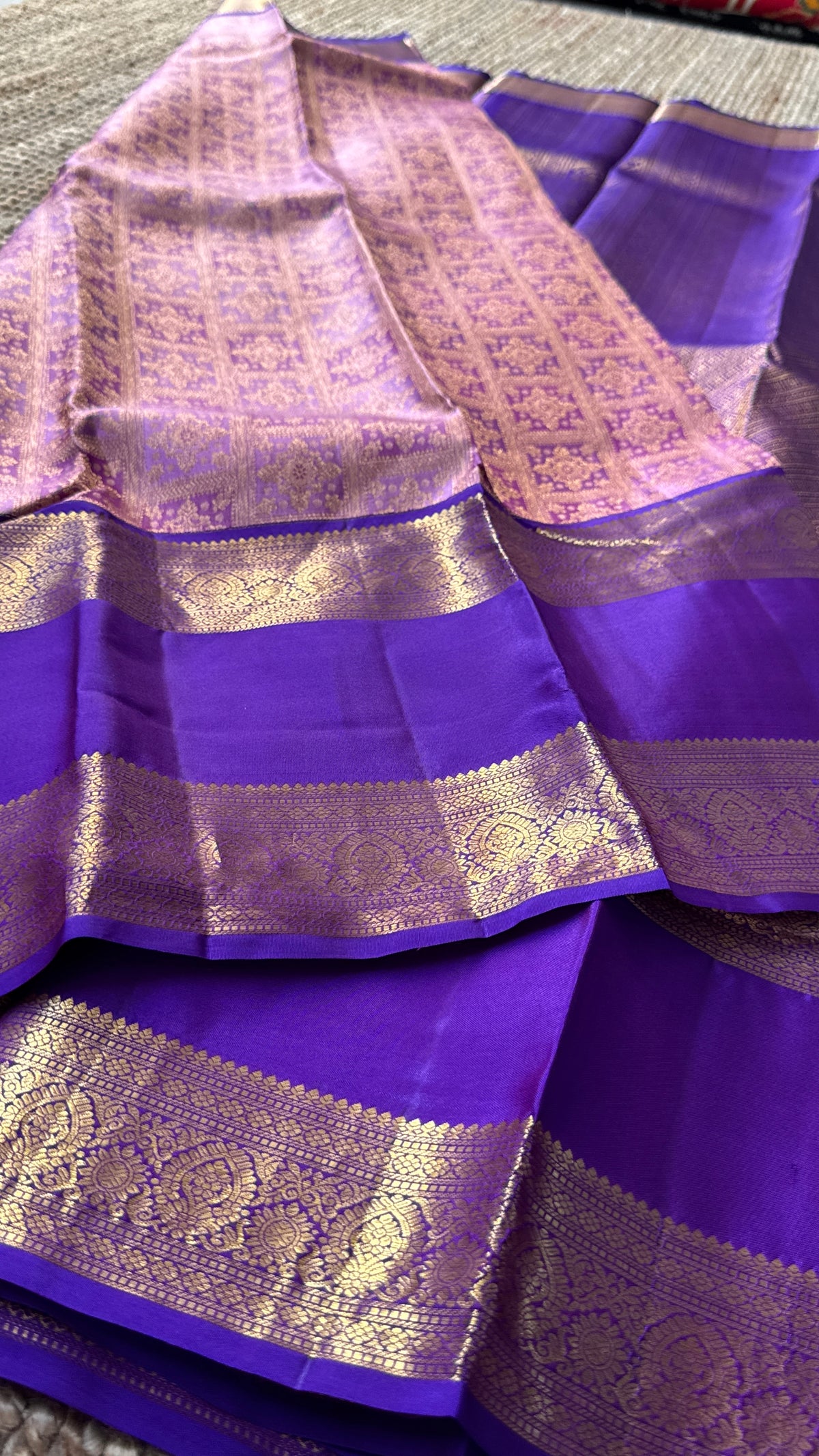 Vintage Wash Pure Kanchipuram Silk Saree – Pink with Royal Purple Contrast | Silk Mark Certified