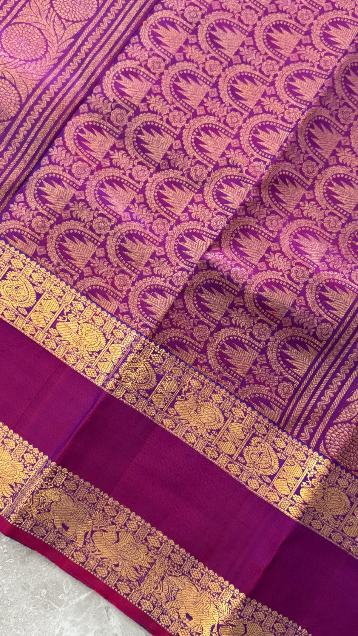 Vintage Wash Pure Kanchipuram Silk Saree – Peacock Blue with Magenta Pink Contrast | Silk Mark Certified