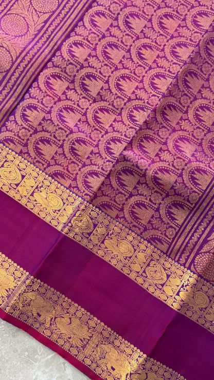 Vintage Wash Pure Kanchipuram Silk Saree – Peacock Blue with Magenta Pink Contrast | Silk Mark Certified