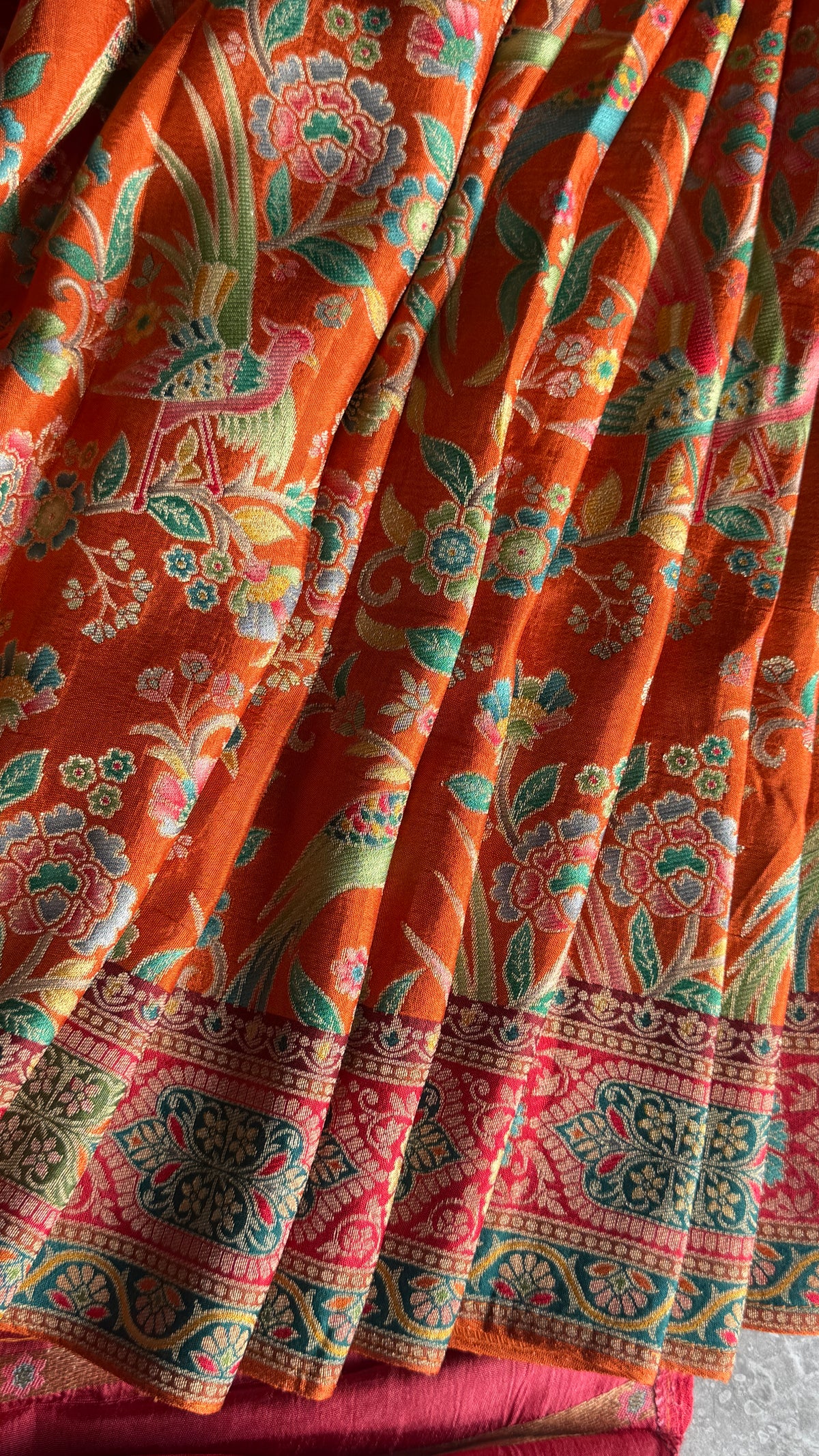 Kashmiri Pashmina Kani Silk Saree – Orange with Red Brocade Contrast Blouse