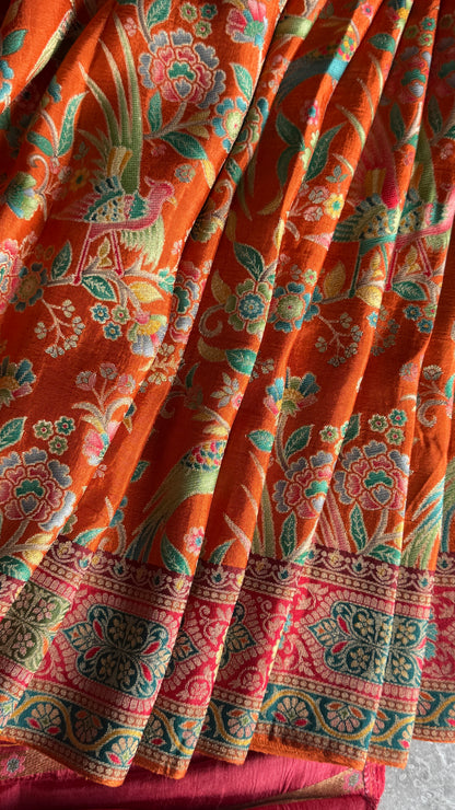 Kashmiri Pashmina Kani Silk Saree – Orange with Red Brocade Contrast Blouse