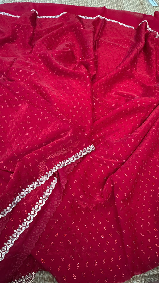 Red Party Wear Saree with Hand Embellished Stone Border