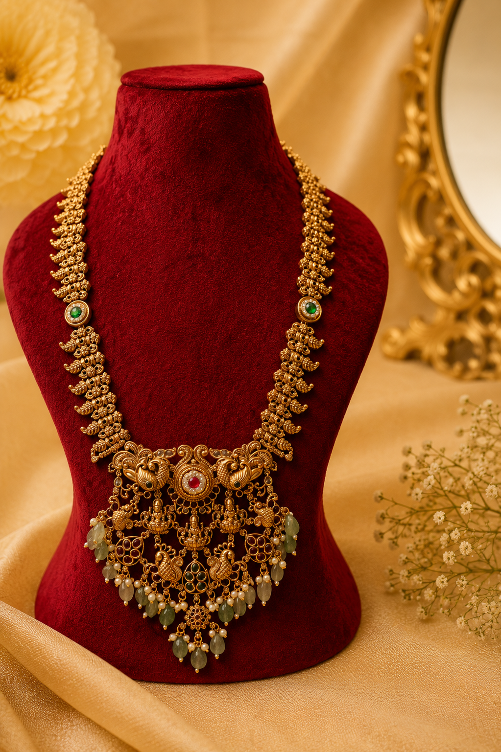 Antique Gold-Plated Temple Long Necklace Set with Mint Green & Blush Pink Stones