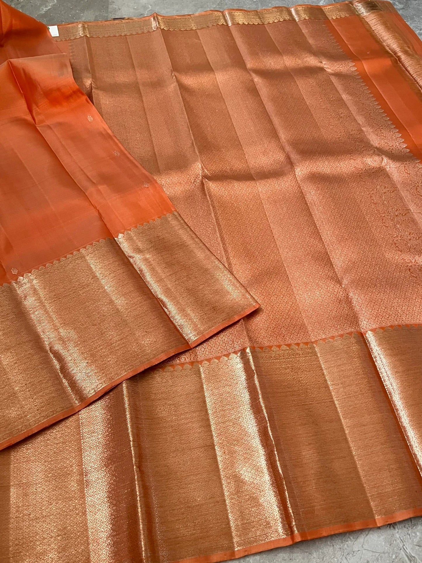 Dark Peach Pure Kanchipuram Silk Saree with Silver Zari Motifs Silk Mark Certified
