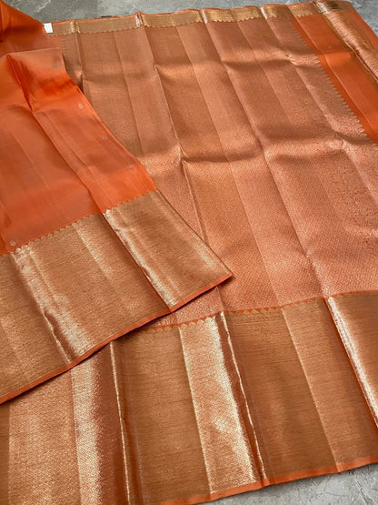 Dark Peach Pure Kanchipuram Silk Saree with Silver Zari Motifs Silk Mark Certified