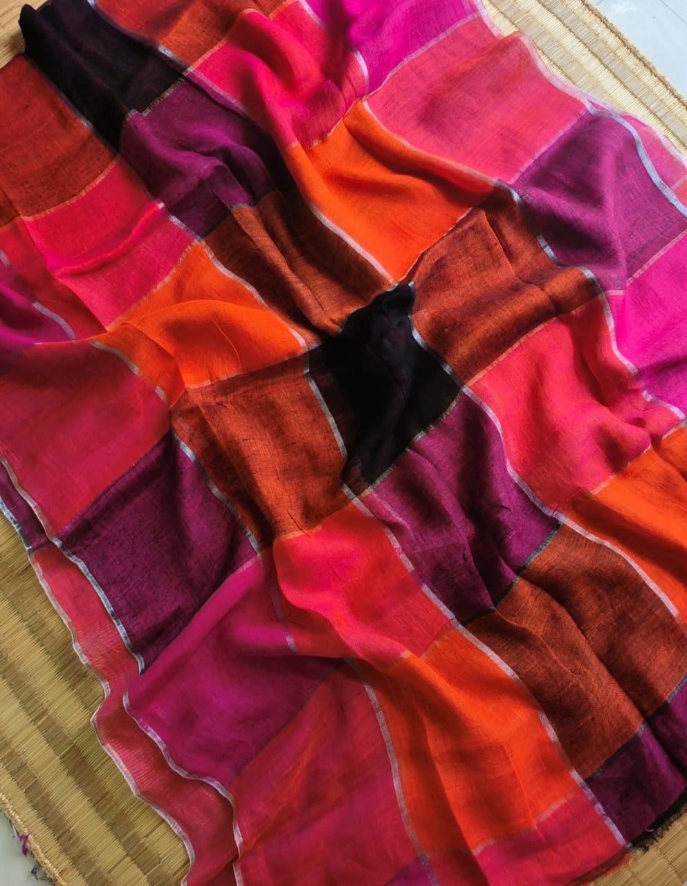 Premium Linen Silk Saree – Vibrant Colour Block Checks with Silver Zari Border