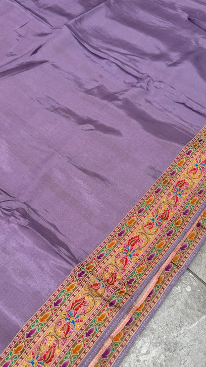 Kashmiri Pashmina Kani Silk Saree – Pastel Lavender with Peach Contrast Blouse