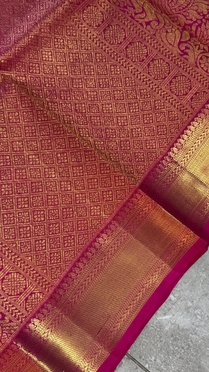 Vintage Wash Pure Kanchipuram Silk Saree – Orange with Magenta Pink | Silk Mark Certified