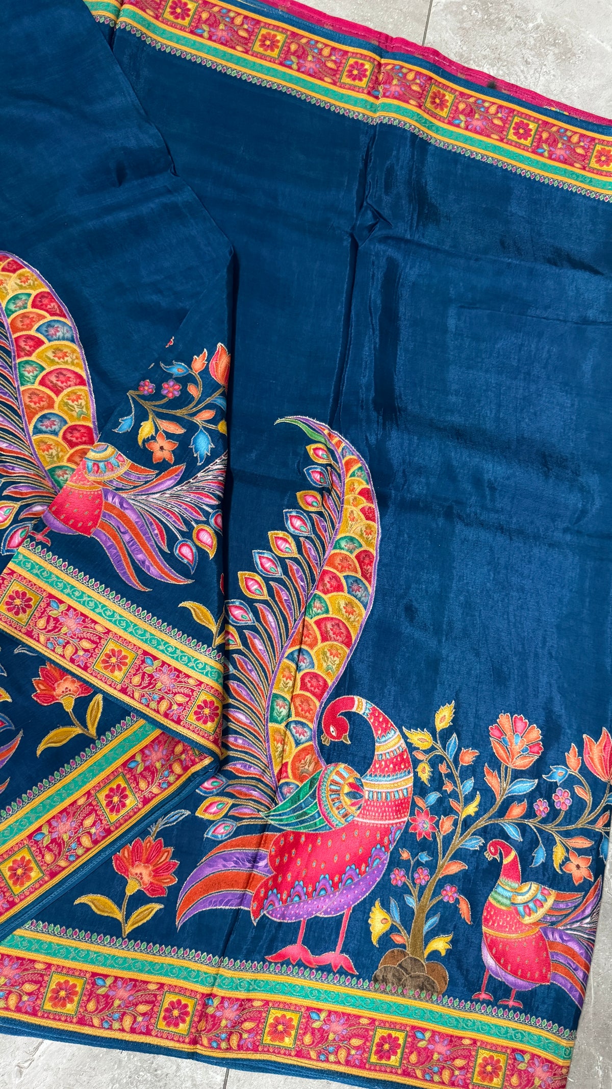 Kashmiri Pashmina Kani Silk Saree – Peacock Blue with Pink Contrast Blouse
