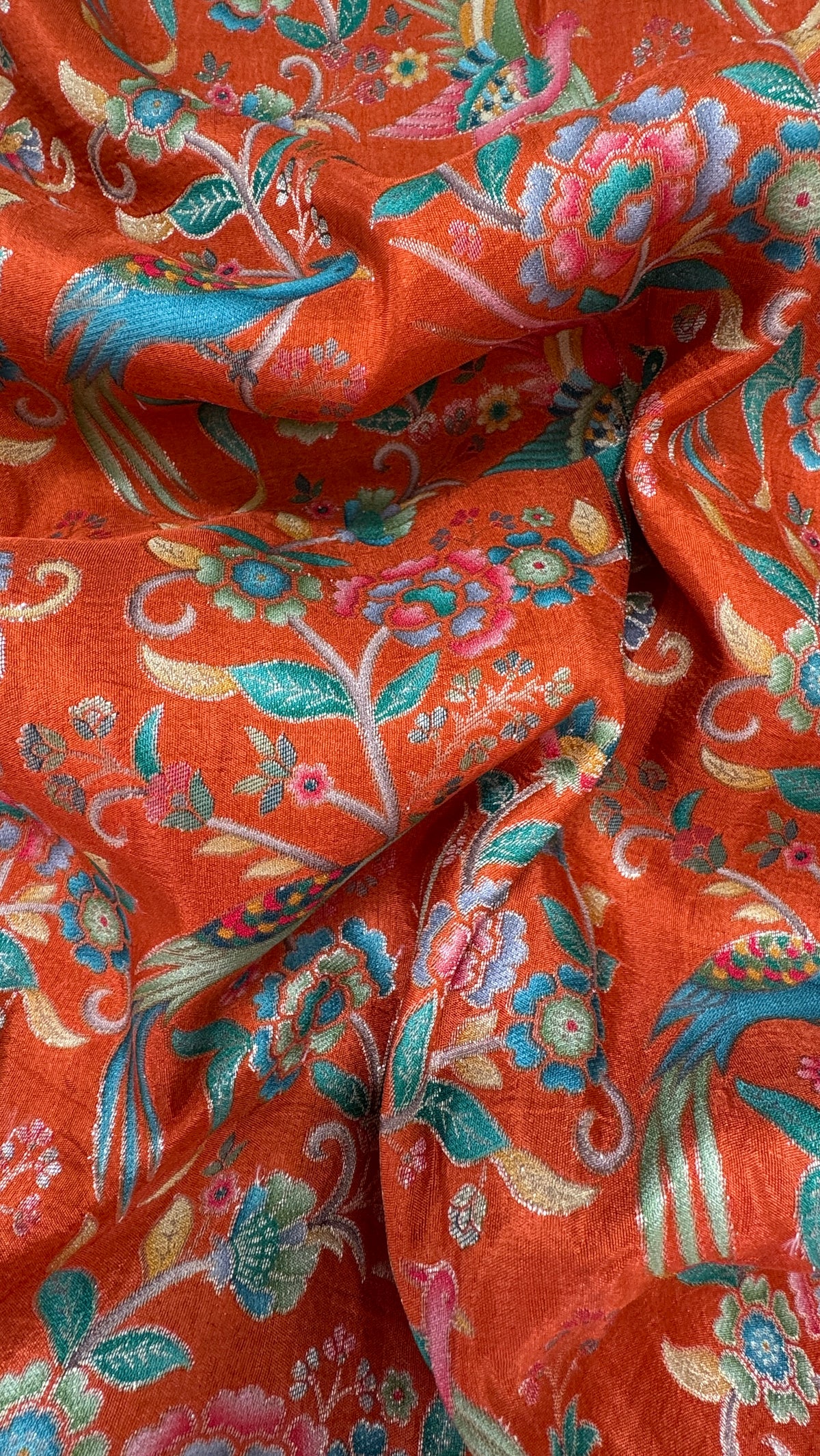 Kashmiri Pashmina Kani Silk Saree – Orange with Red Brocade Contrast Blouse