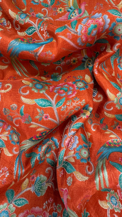 Kashmiri Pashmina Kani Silk Saree – Orange with Red Brocade Contrast Blouse