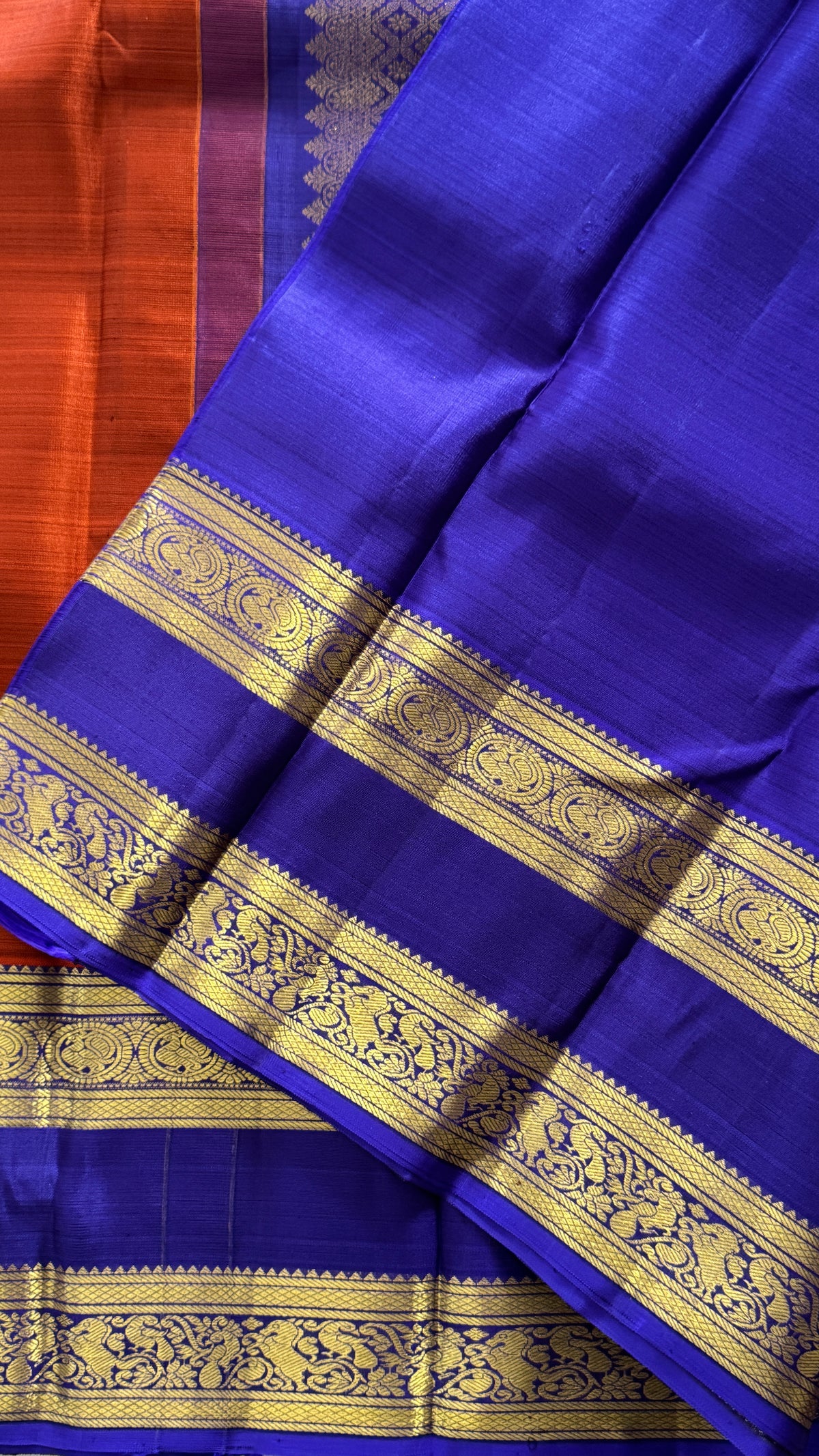 Vintage Wash Pure Kanchipuram Silk Saree – Rust with Royal Blue Contrast | Silk Mark Certified