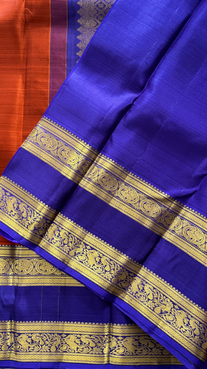 Vintage Wash Pure Kanchipuram Silk Saree – Rust with Royal Blue Contrast | Silk Mark Certified