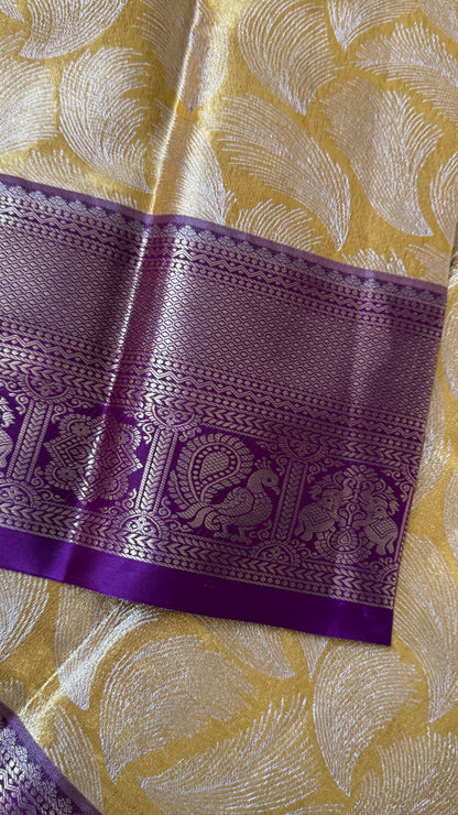 Semi Silk Mini Kanchivaram Tissue Saree – Light Golden Yellow & Magenta