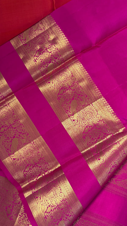 Vintage Wash Pure Kanchipuram Silk Saree – Orange with Magenta Pink | Silk Mark Certified