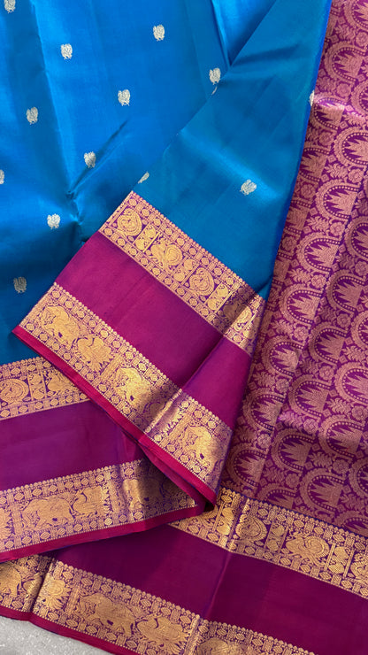 Vintage Wash Pure Kanchipuram Silk Saree – Peacock Blue with Magenta Pink Contrast | Silk Mark Certified