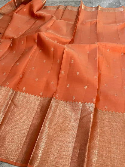 Dark Peach Pure Kanchipuram Silk Saree with Silver Zari Motifs Silk Mark Certified