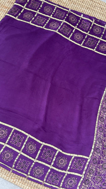 Pure Modal Silk Saree with Bandhej | Ajrakh Pallu & Blouse – Dusty Purple