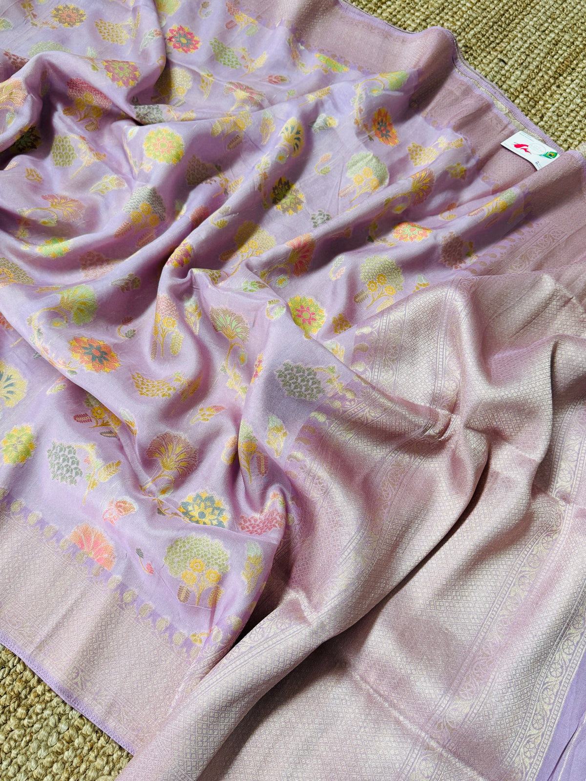 Lavender Pink Tussar Raw Silk Saree with Meenakari Woven Floral Elegance