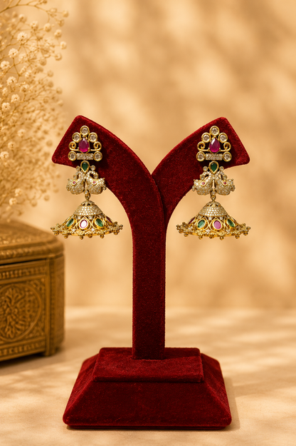 Antique Zircon Jhumka Earrings with Ruby & Emerald Stones